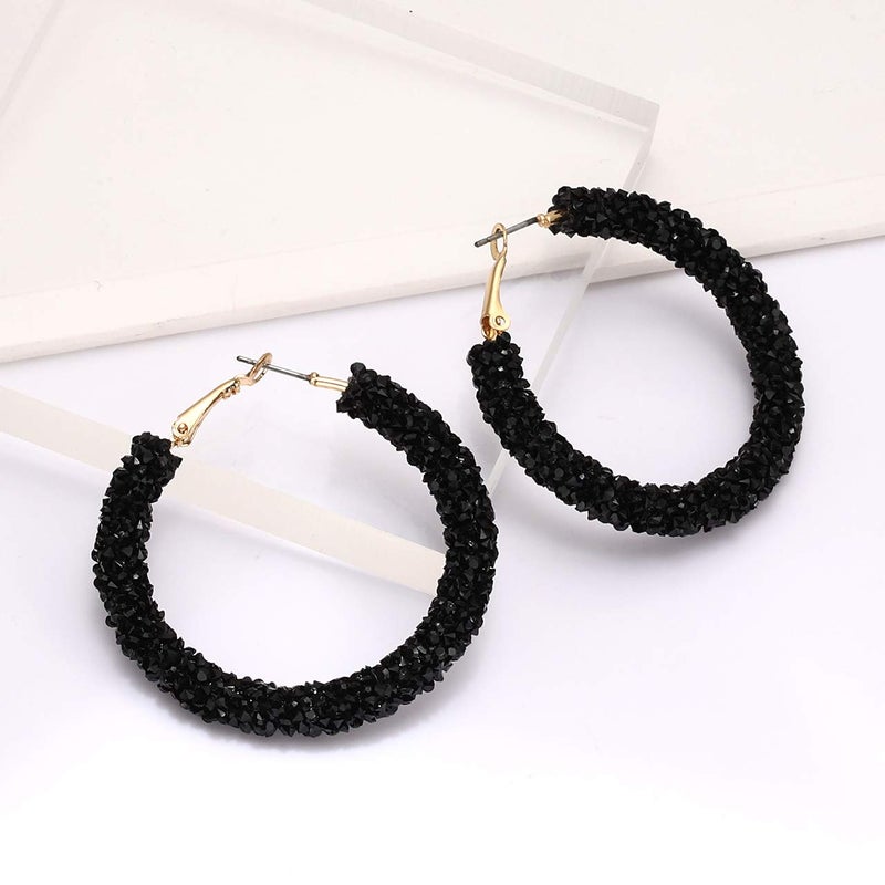 NLCAC Glitter Hoop Earrings Bohemian Sparkle Resin Rhinestone Wrapped Hoop Dangle Earrings for Women(B-black) - Image 5